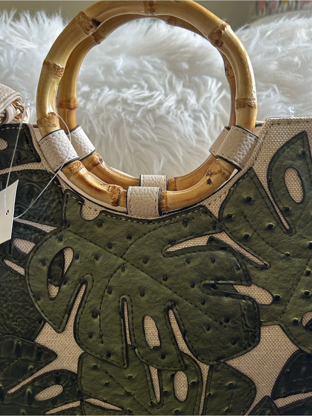 NWT Cato, Large, Beige & Olive Green Textured Leaves Bamboo-Handle Tote Bag
